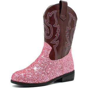 xinlanlin Kids Sequins Pink Embroidered Square Toe Mid Calf Glitter Western Boot